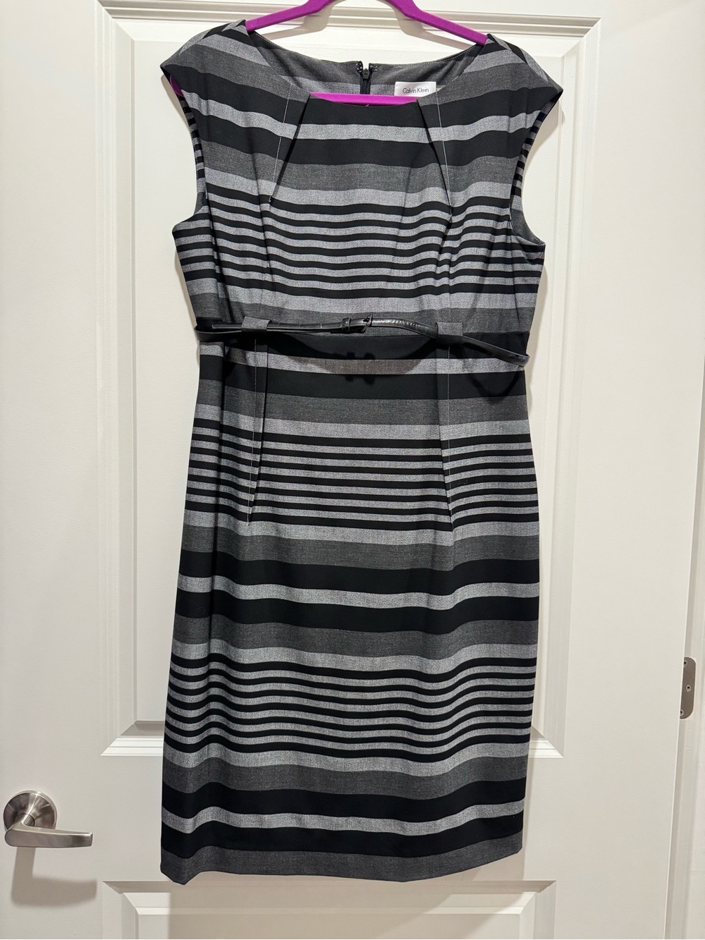 Calvin Klein Black and Gray Striped Midi Sheath Dress with Waist Tie
